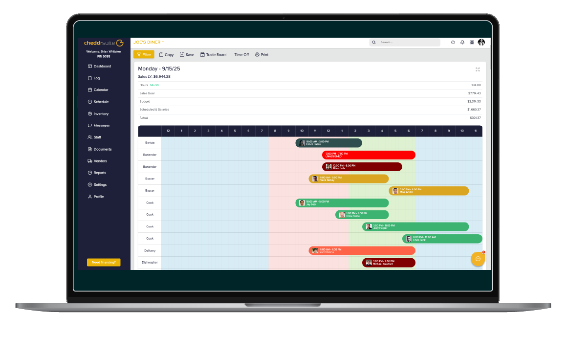 CheddrSuite scheduling screen on a laptop