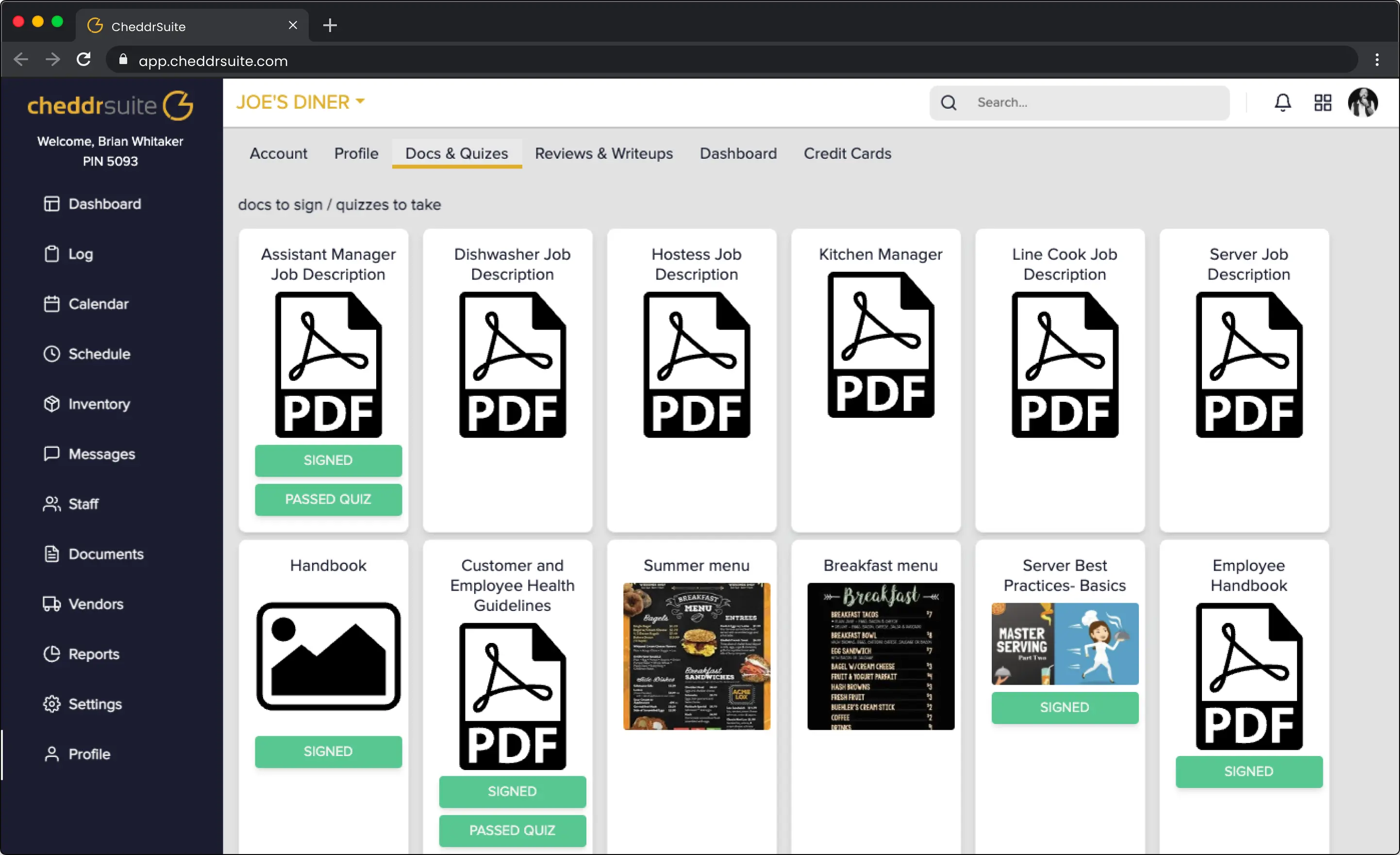 CheddrSuite inventory management screen showing SKU list and vendor details for restaurant items